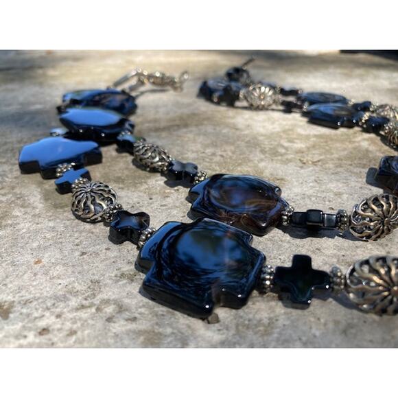 SALE!! Black Onyx Cross Lanyard - Black & Silver Double Strand Chunky Necklace - Picture 2 of 9